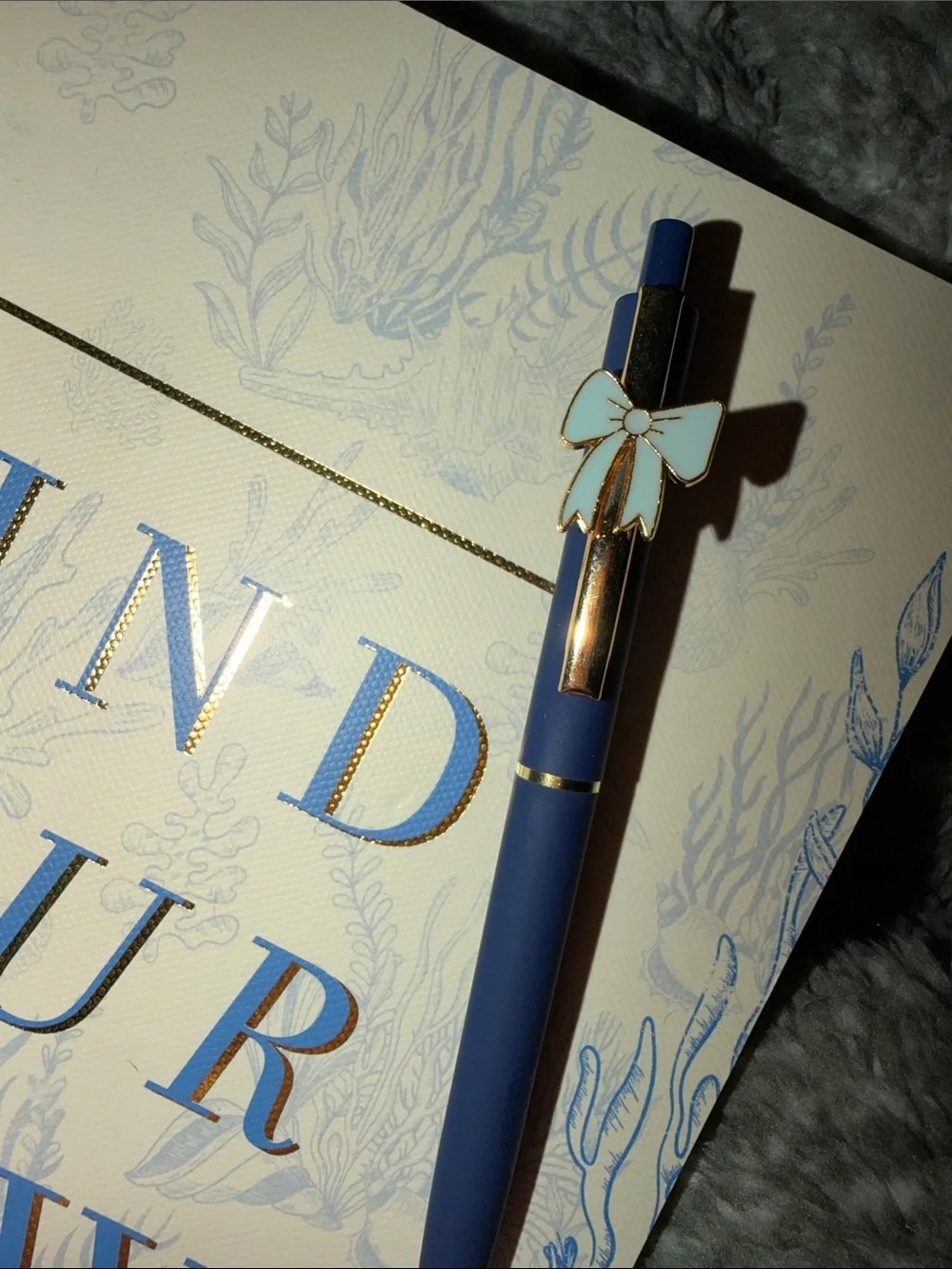 “Find Your Flow” Blue & White Notebook with Navy blue and light blue Bow Pen.
